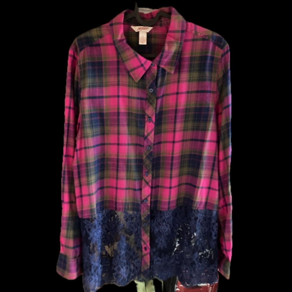 Y2K Pink and Blue Plaid with Lace Button Up